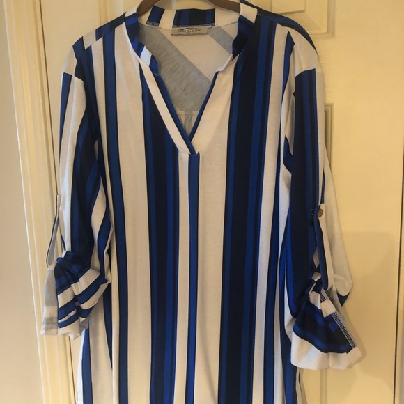 SeSe Code Tops - SeSe Code Tunic Top Size XL 3/4 Roll Tab Sleeves Blue, Black & White.